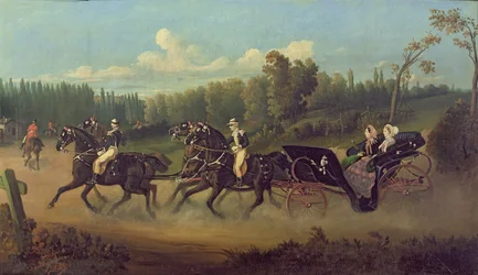 Keizerin Eugenie (1826-1920) en koningin Victoria (1819-1901) in het park van Compiègne